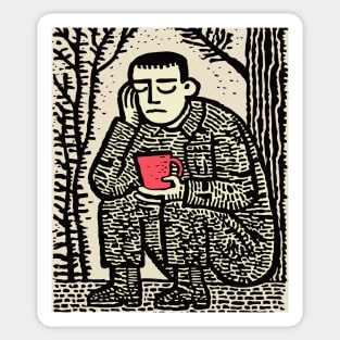 Weary Soldier – Post-Conflict Contemplation Linocut Sticker
